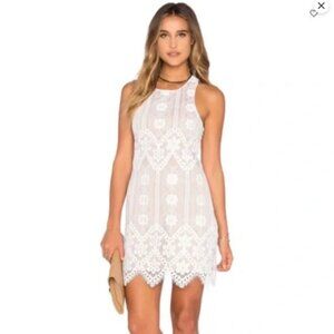 For Love & Lemons Nude Midi Dress with White Lace Overlay